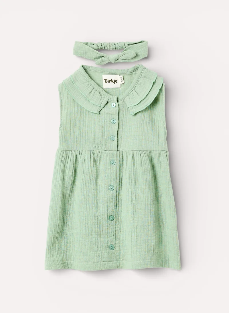 ديركجي طقم فتيات قطعتين فستان موسلين باللون النعناعي بياقة مكشكشة مع طوق رأس متطابق